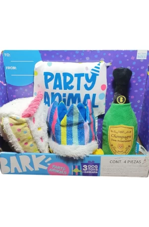 Bark Kit de Fiesta de cumpleaños para todos los tamaños de Mascotas, cuenta con 3 juguetes y una bandana 4 pzs