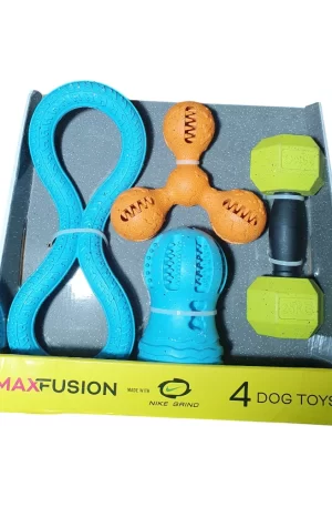 Arlee Home Fashions- MAX Fusion Fabricado con Nike Grind, Juguete para Perros, Resistente y de Caucho Natural, Ideal para Jugar, Buscar y Masticar. Tamaño Mediano 4 piezas (Infinity, Trident, Weeble, Dumbbe)ll
